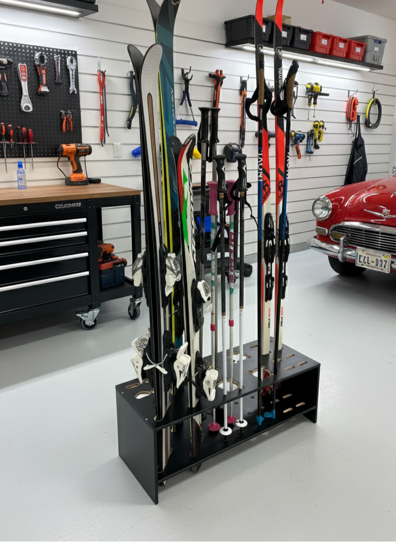 Supporto in legno combinato per sci alpini, da fondo e bastoncini